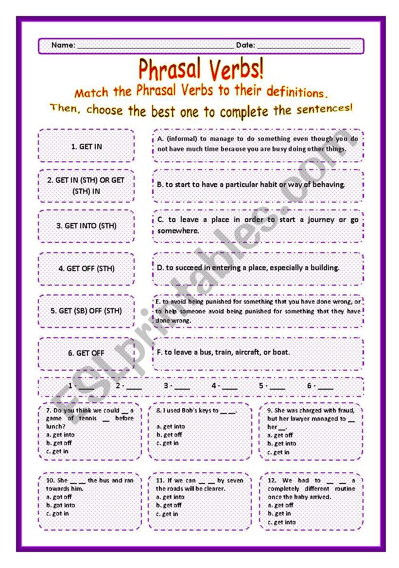> Phrasal Verbs Practice 46! > --*-- Definitions + Exercise --*-- BW Included --*-- Fully Editable With Key!
