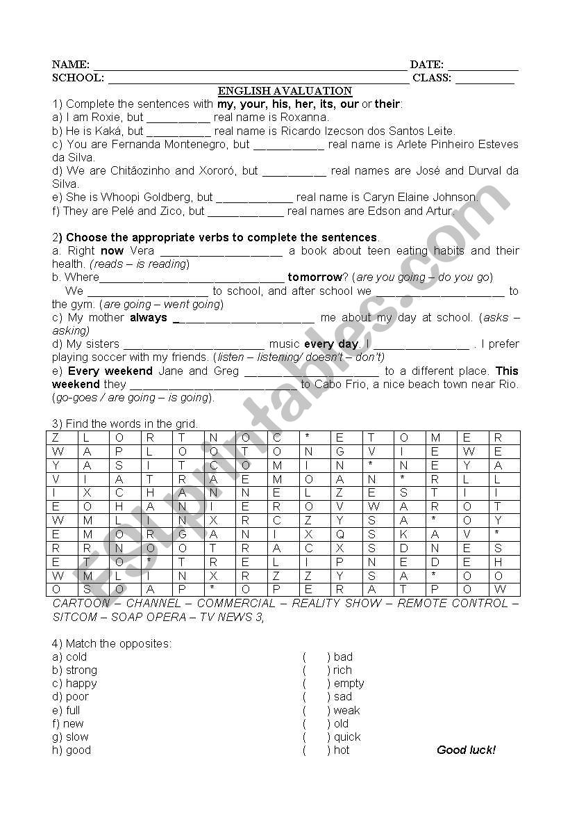 english avaluation worksheet