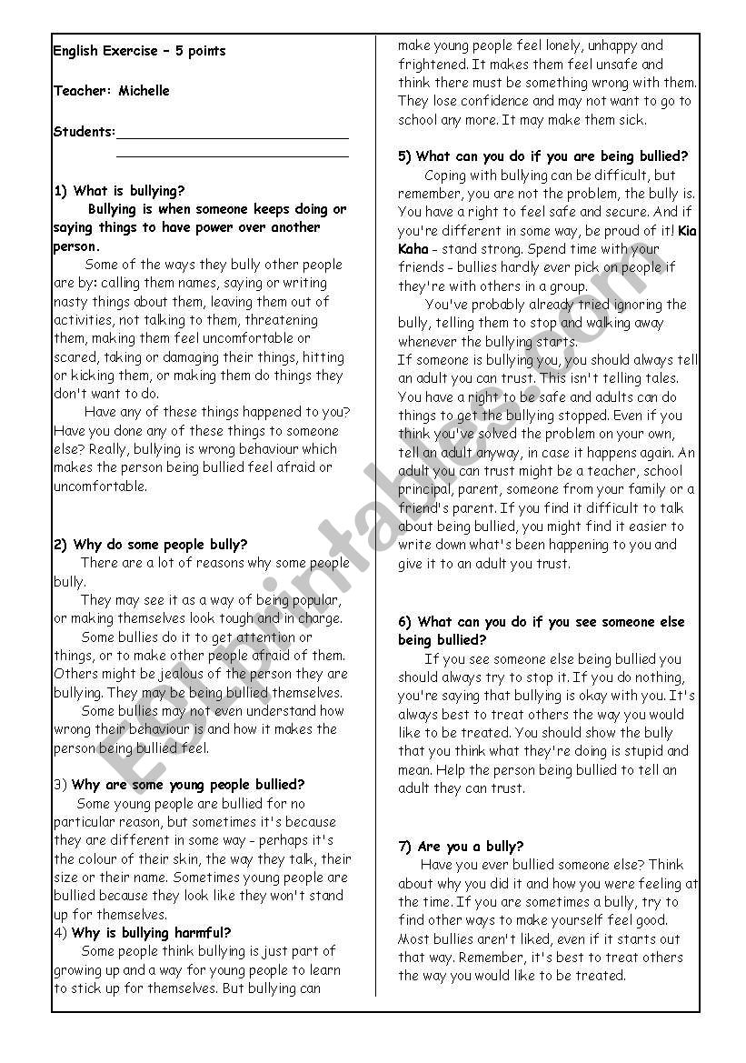 Bullying worksheet