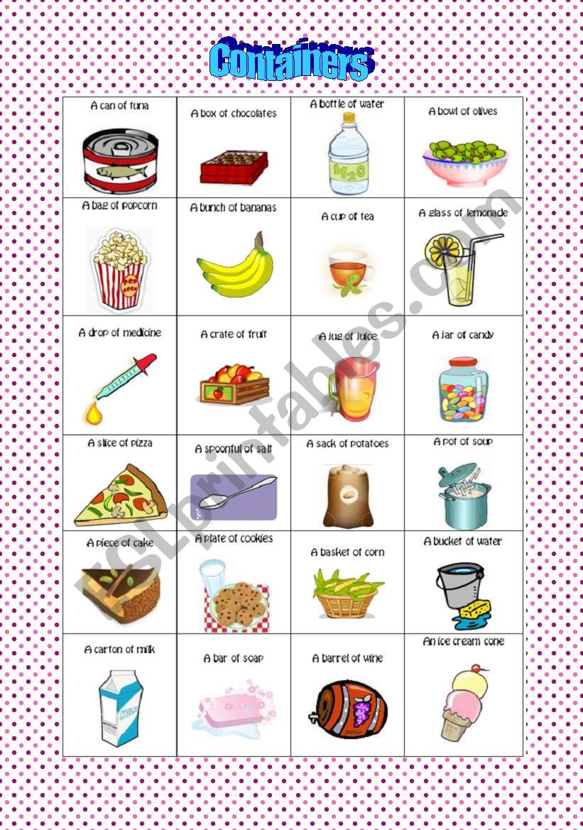 Containers pictionary worksheet