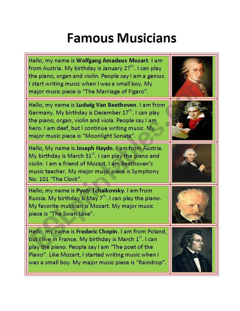 Famous musicians worksheet