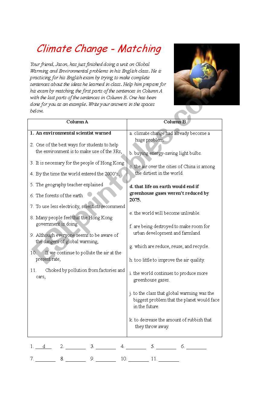 Climate Change - Matching worksheet