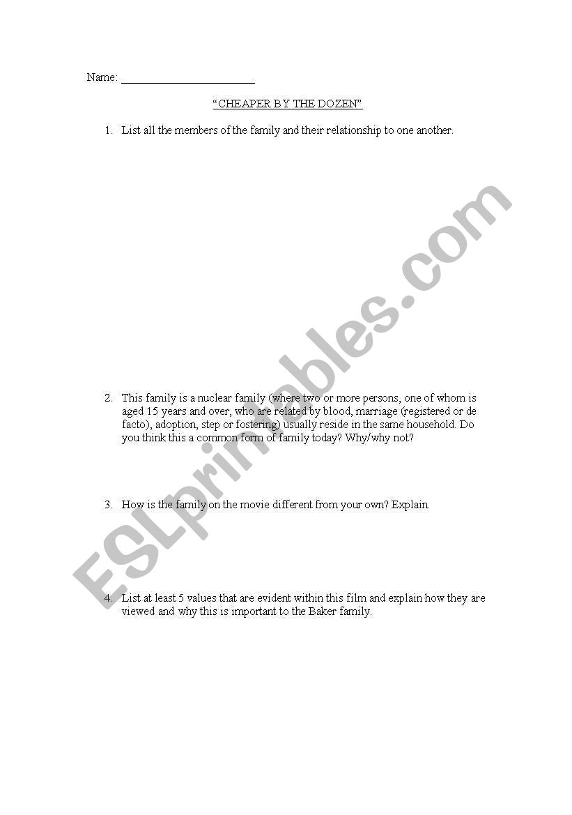Cheaper by the dozen worksheet