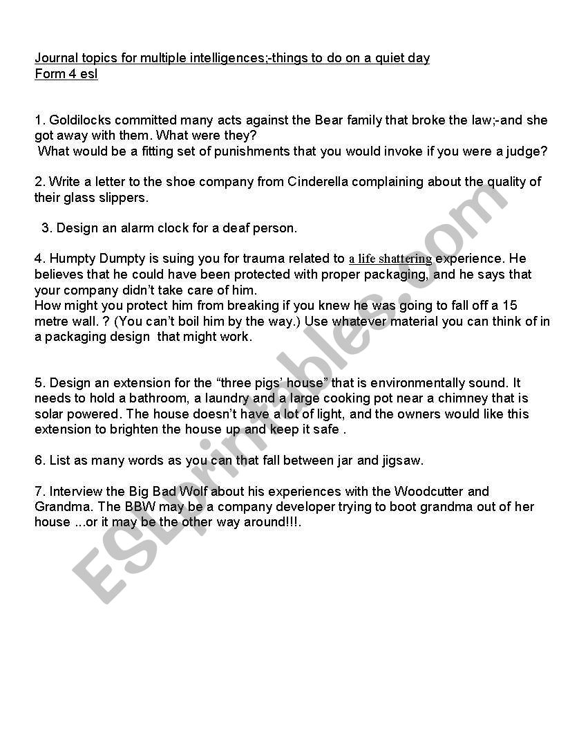 Journal topics using fairy tale characters and multiple intelligences. Form 4