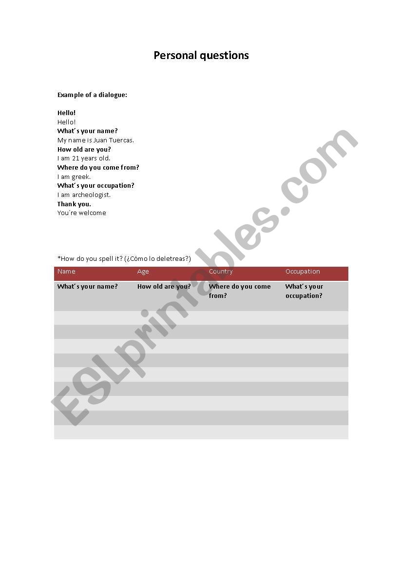 personal quesions worksheet