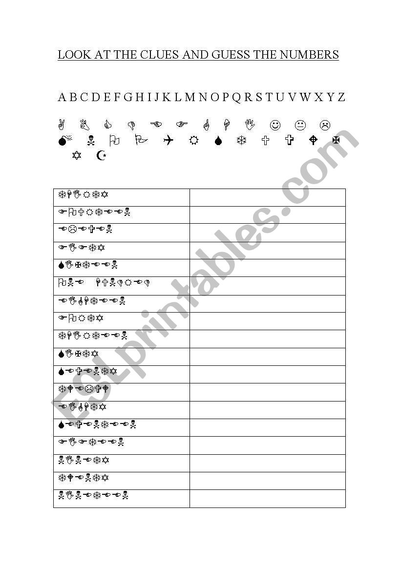 Clues and numbers worksheet