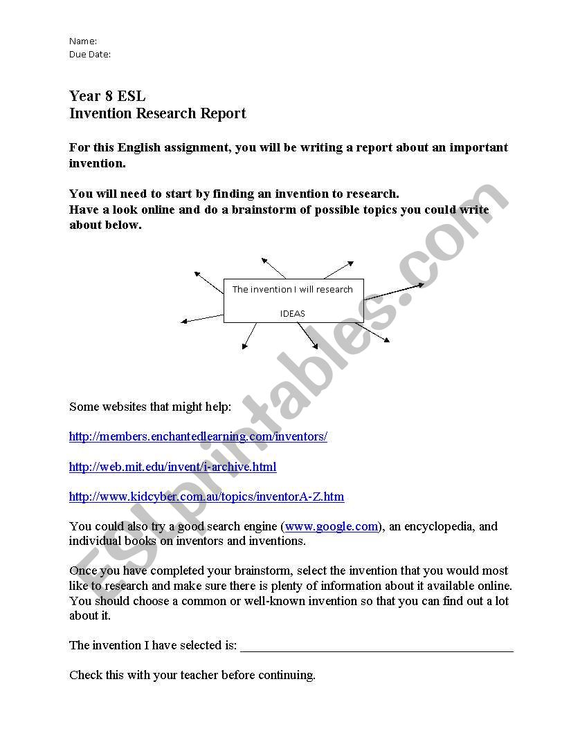 Invention Research Report worksheet
