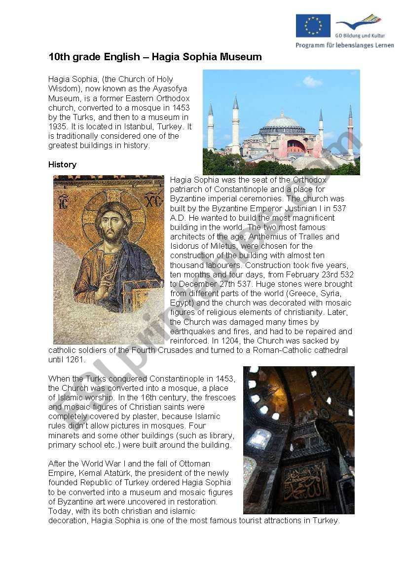 Reading - Hagia Sophia Museum worksheet