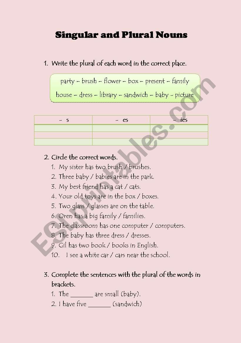 singular and plural nouns worksheet