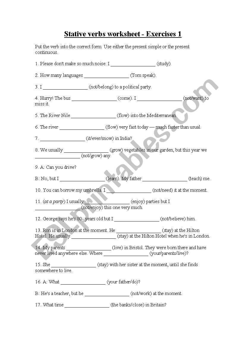 stative verbs worksheet