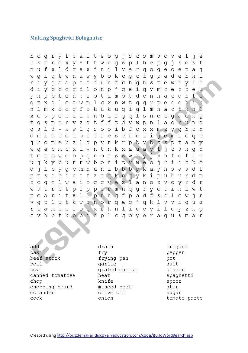 Spaghetti Bolgnaise wordsearch