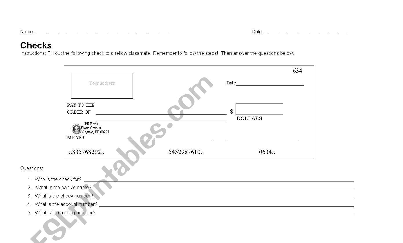 Filling out a check with exercises