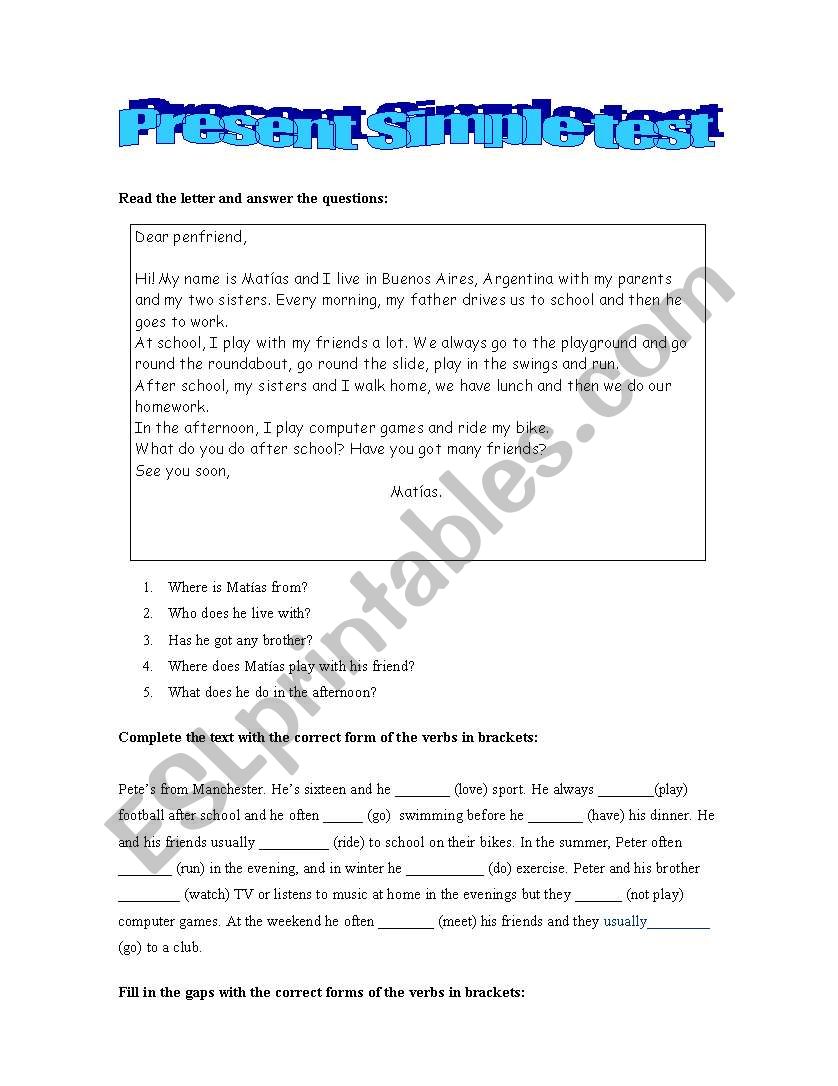 Present Simple Test worksheet