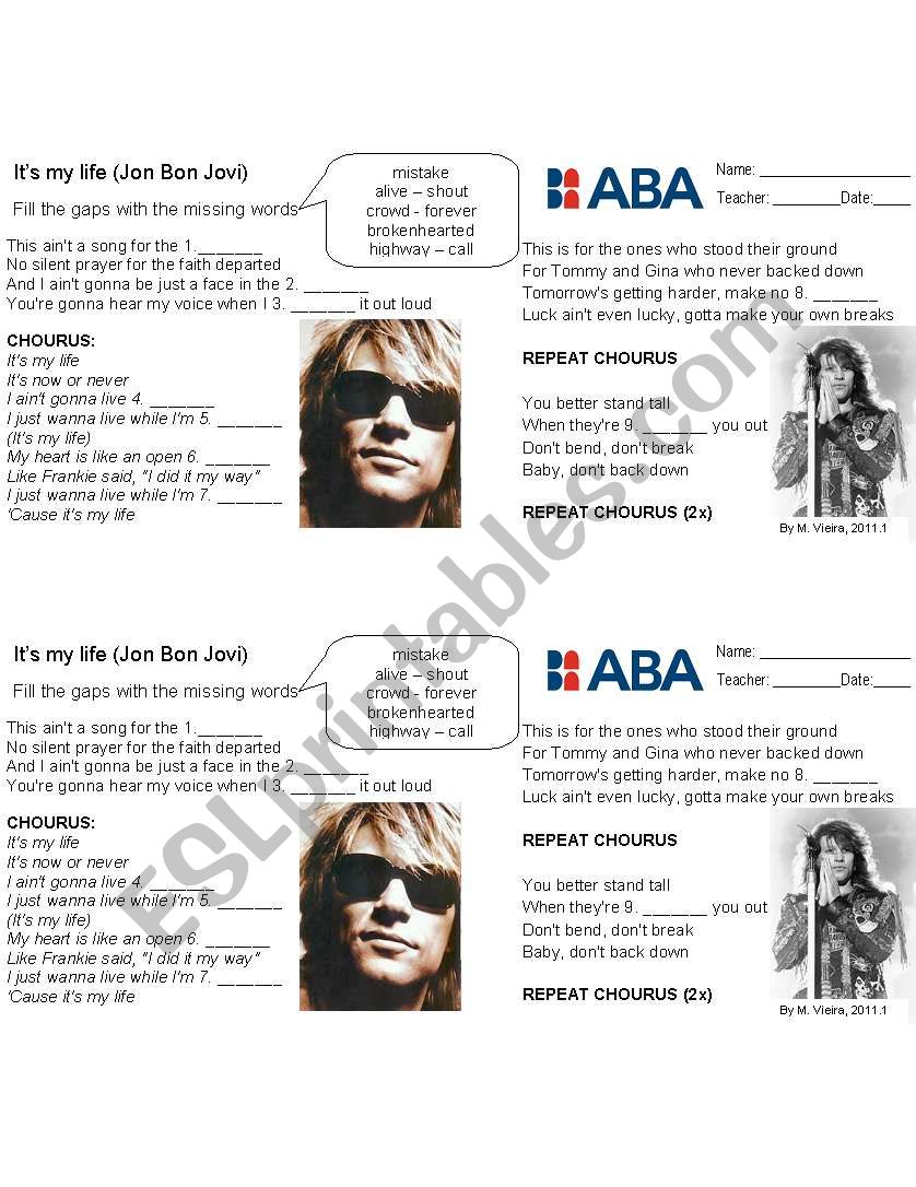 Its my life by Bon Jovi worksheet