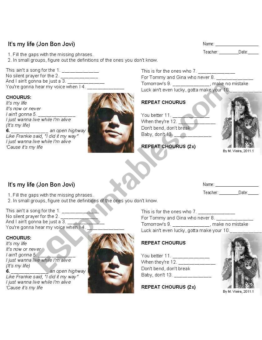 Its my life by Bon Jovi worksheet