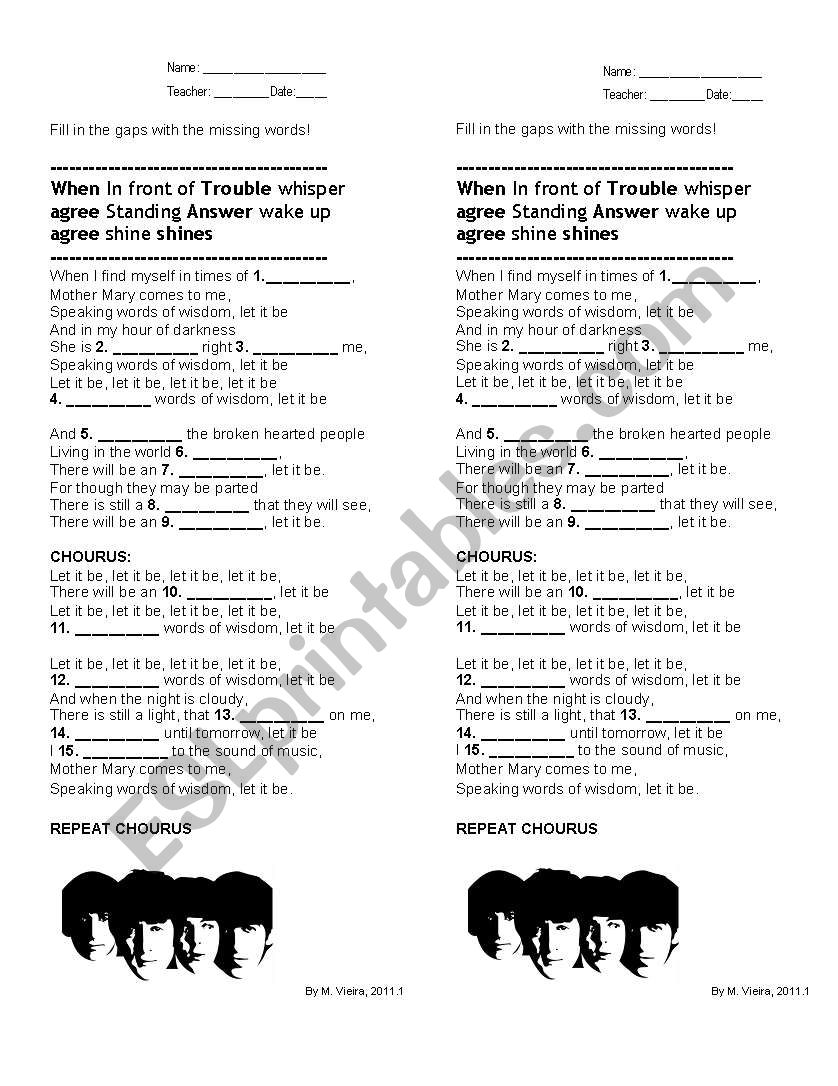 Let it Be by The Beatles worksheet