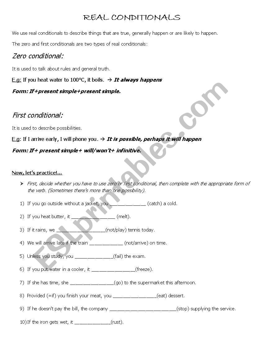 Real Conditionals worksheet