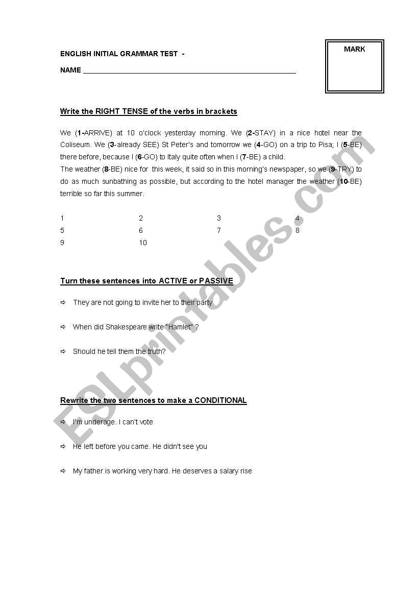 Pre-Test worksheet