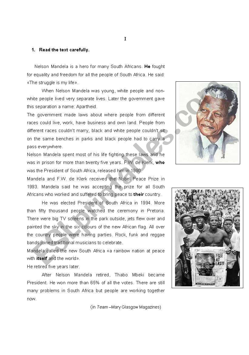 Test about Nelson Mandela worksheet