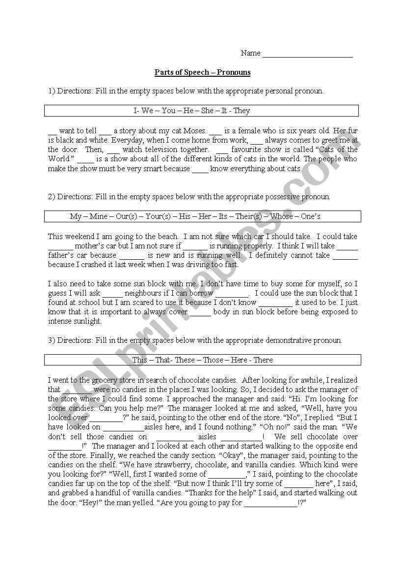 Exercise on pronouns worksheet