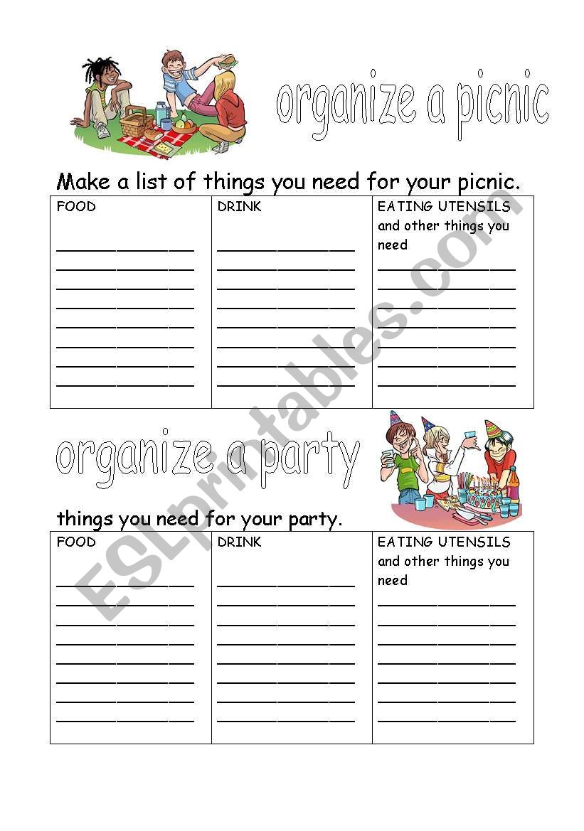 organize a picnic or a party  worksheet