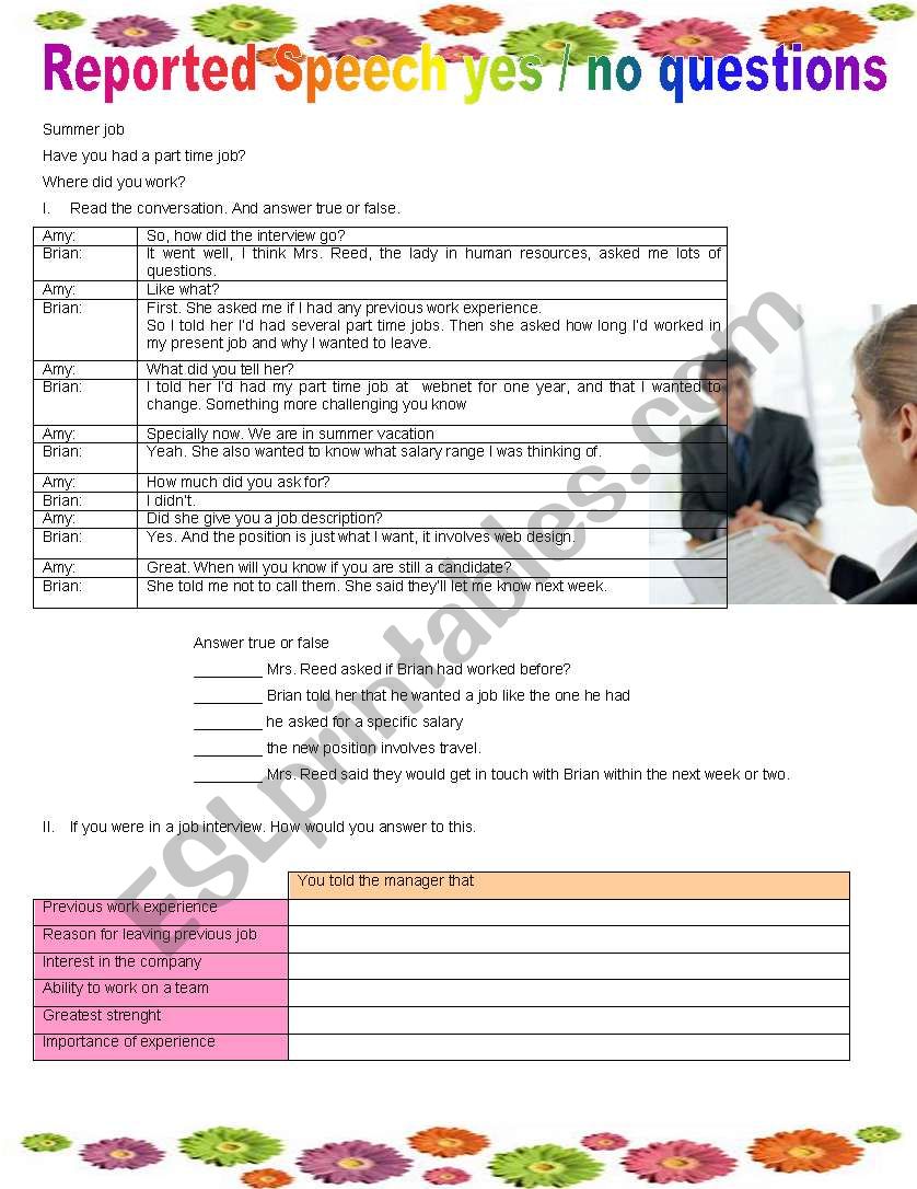 reported speech yes or no questions exercises with answers