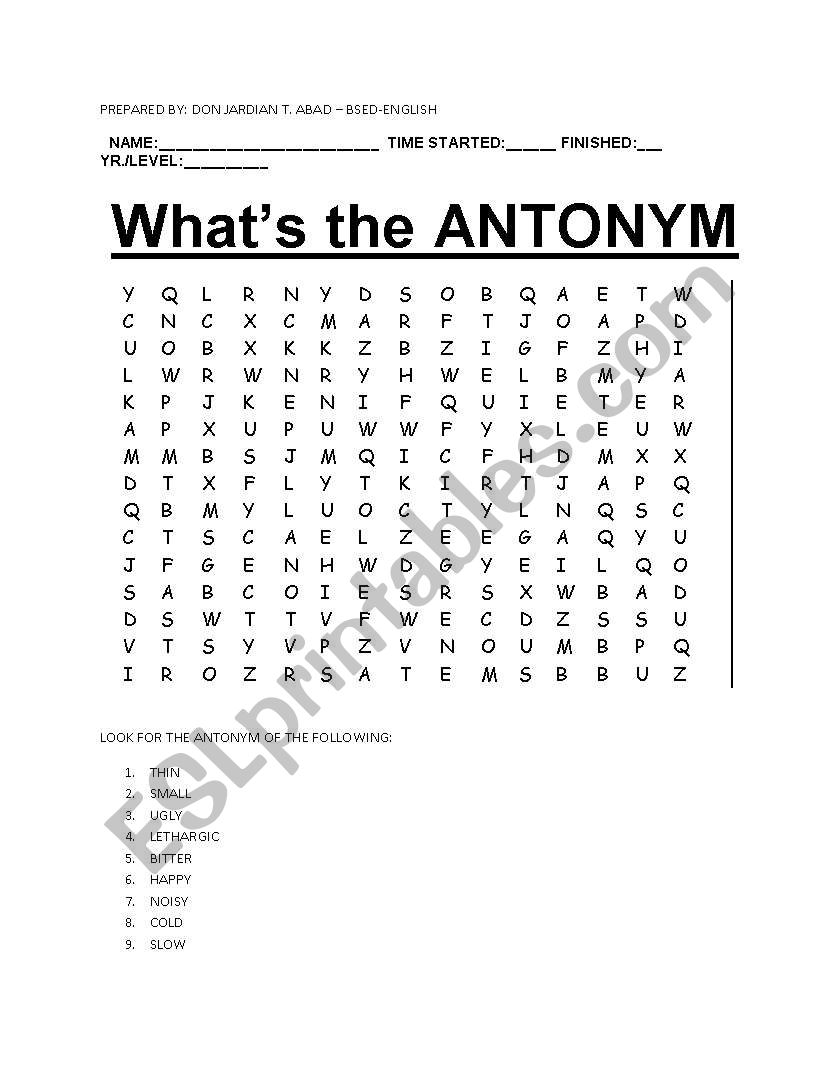 ANTONYM WORDHUNT worksheet