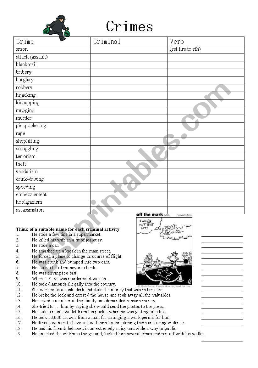 Crimes worksheet