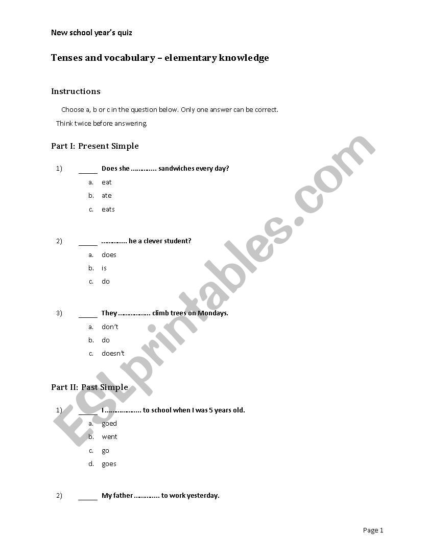 Quiz for elementary students worksheet
