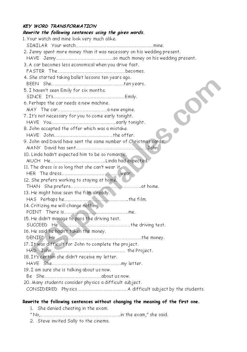 key word worksheet