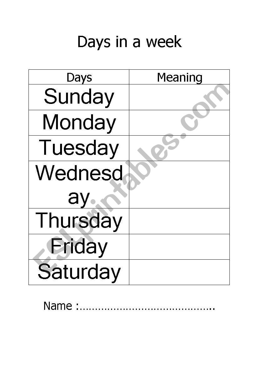 Days in a week worksheet