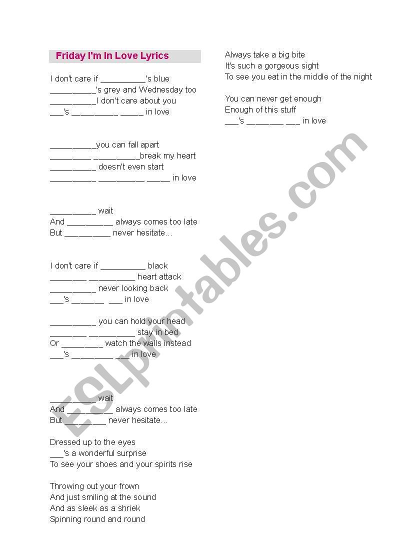 Days of the week - song worksheet