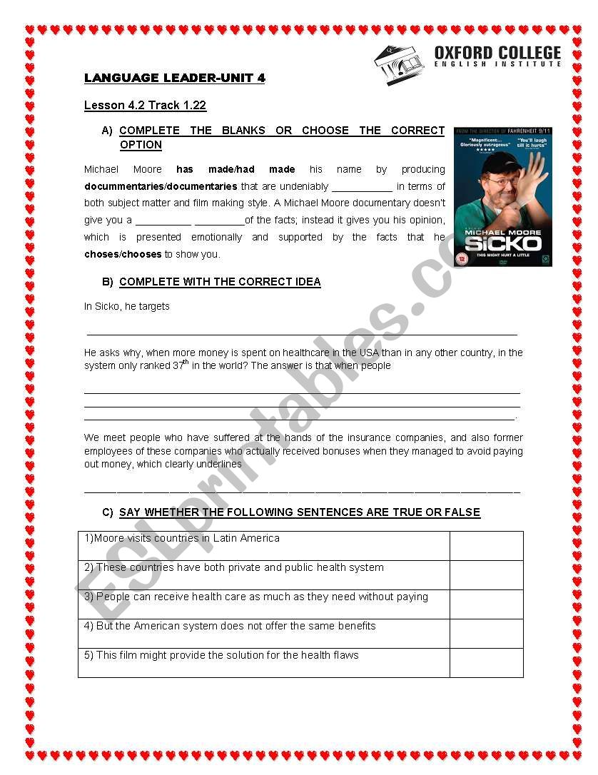 LANG LEADER-ADV-UNIT 4-SICKO worksheet