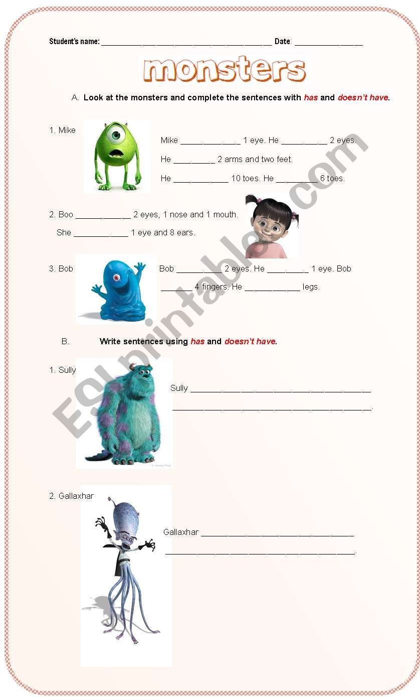 monsters  worksheet