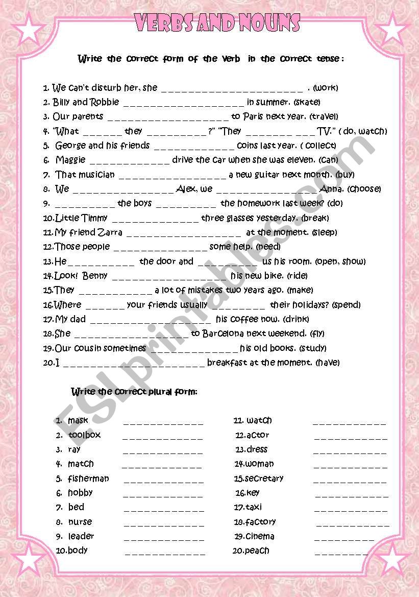 Verbs and nouns worksheet