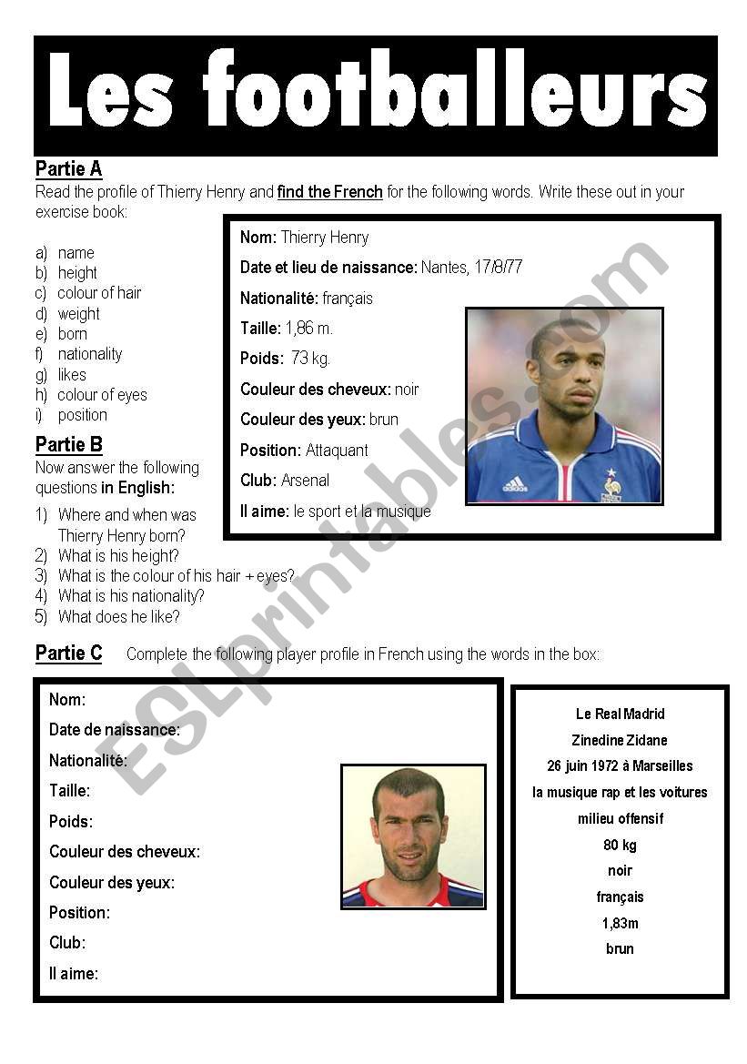 Footballers, in French worksheet