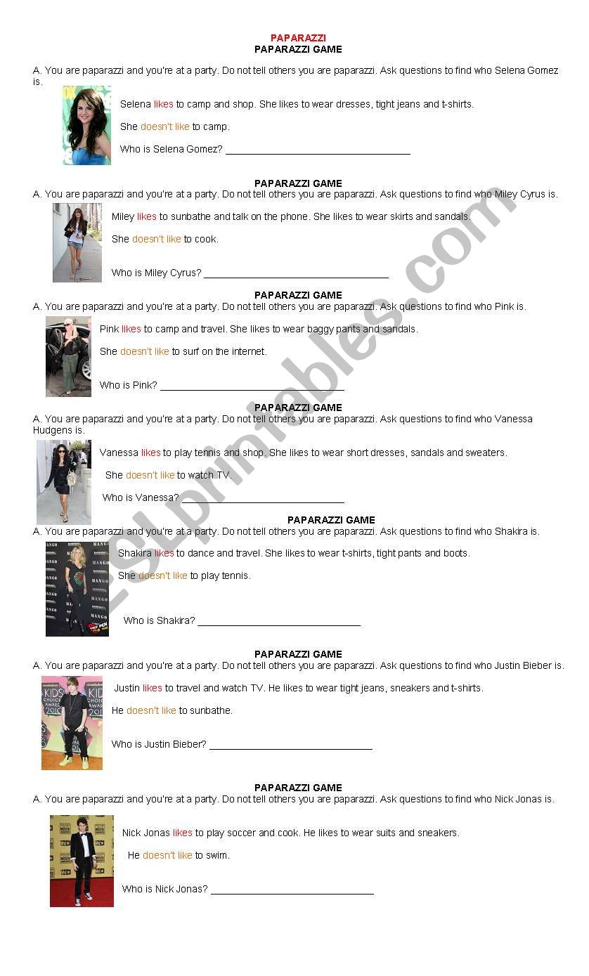 Find who, Paparazzi game   worksheet