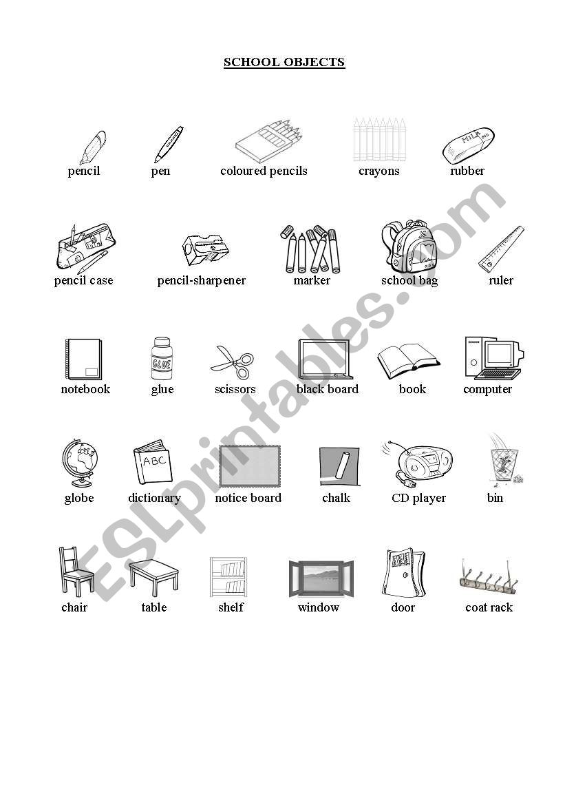 School objects worksheet