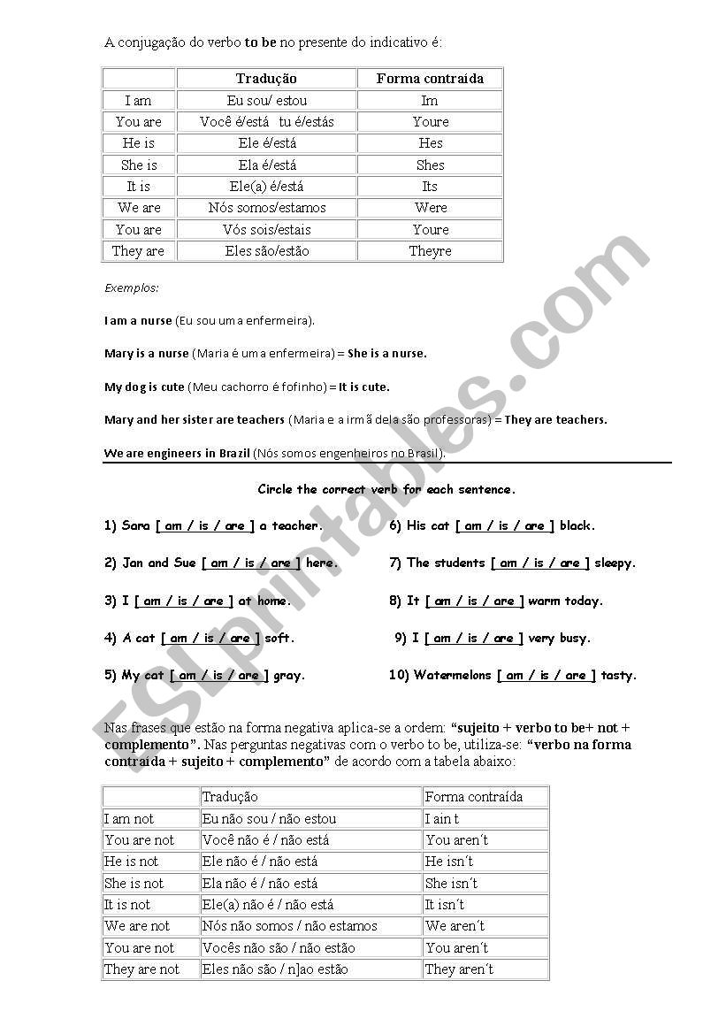 verb to be worksheet