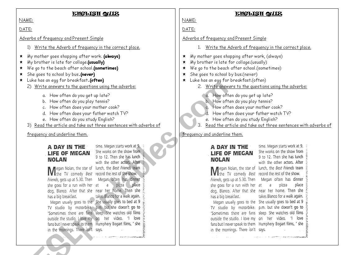 Adverbs of frequency worksheet