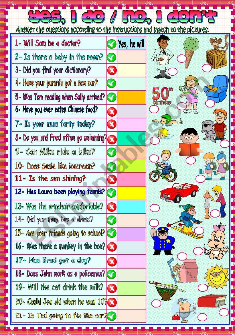 Yes, I do / No, I dont worksheet