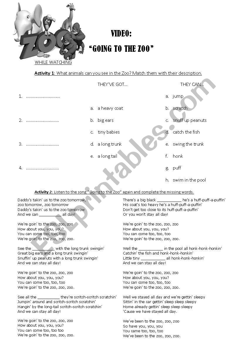 SONG: GOING TO THE ZOO worksheet