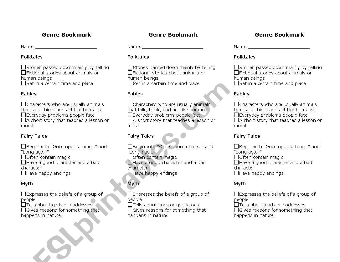 Genre Bookmark worksheet