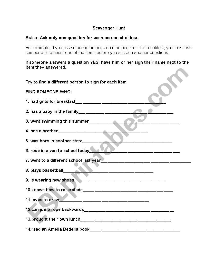 Scavenger Hunt worksheet