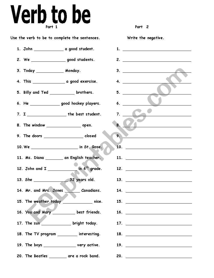 verb to be worksheet