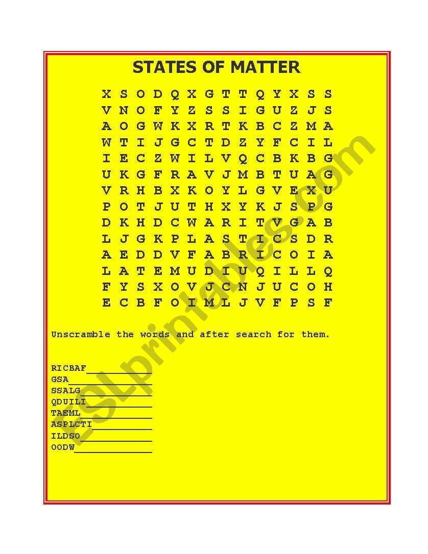 States of matter word search worksheet