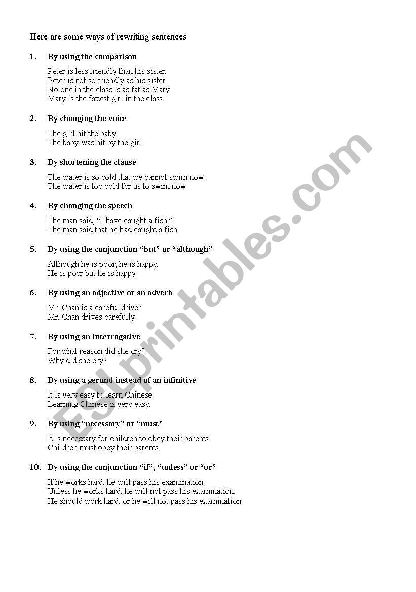 Sentence transformation worksheet