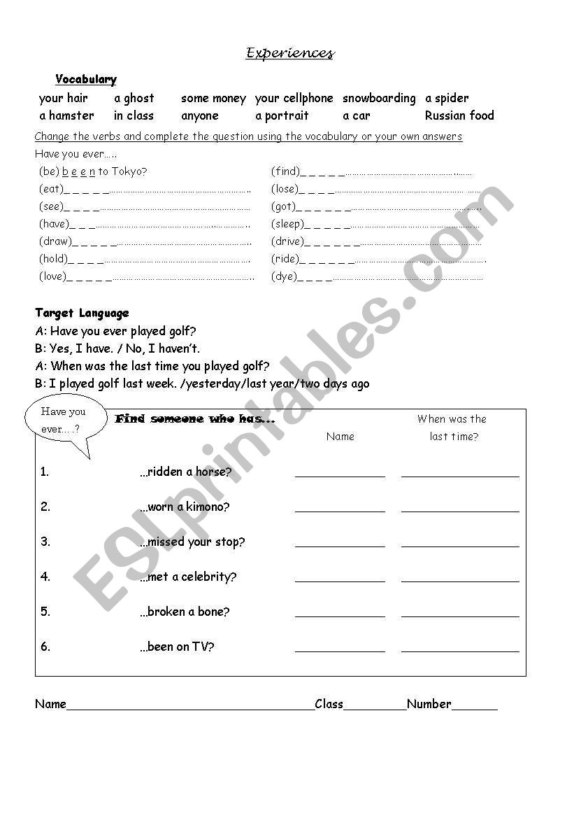 Experiences/ Have you ever? worksheet