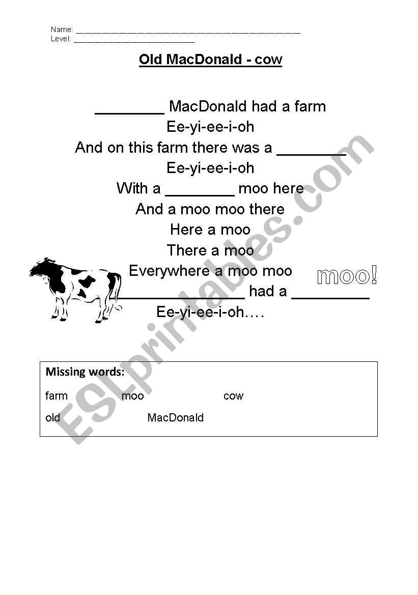 Old Macdonald - Gap fill activity - cow