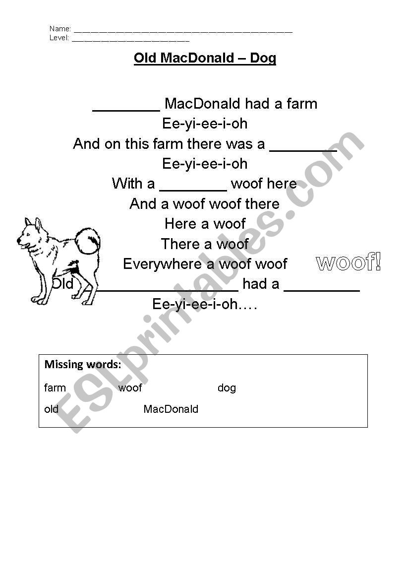 Old Macdonald - Gap fill activity - dog